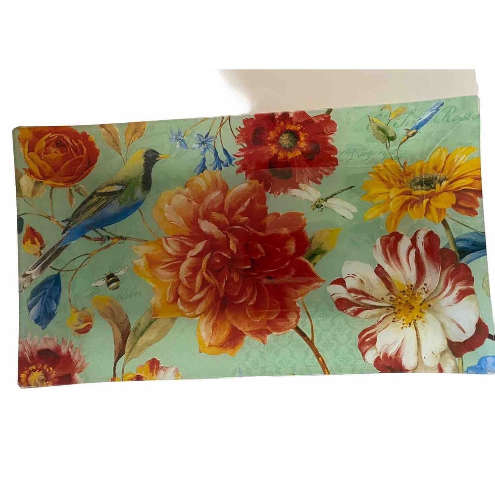 Floral Home Decor Glass Tray Notions Jade Candle Tray  13.5" X 7.5"  Bird Bees